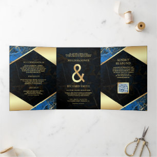 Royal Blue Gold Marble Ampersand QR Code Wedding Tri-Fold Invitation