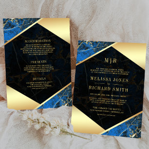 Royal Blue Gold Marble Monogram All in One Wedding Invitation