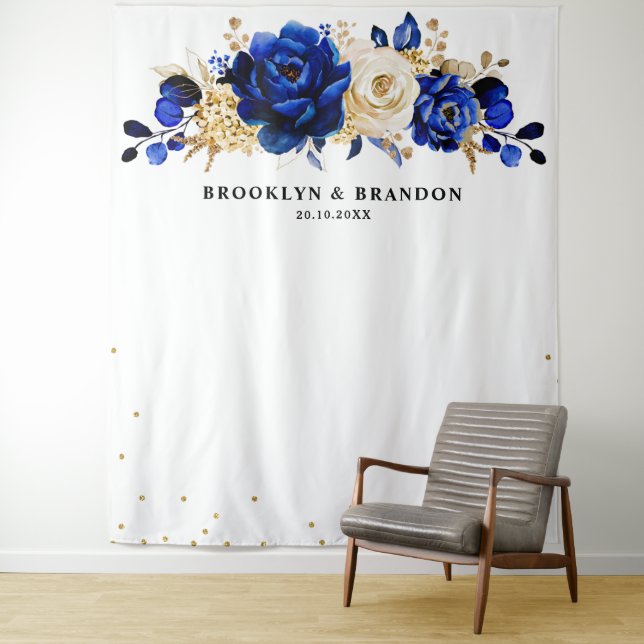 Royal Blue Gold Metallic Floral Wedding Tapestry (In Situ)