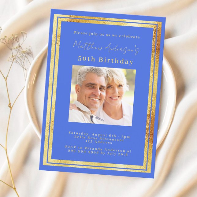 Royal blue gold photo birthday invitation (Creator Uploaded)