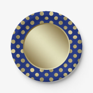 Royal Blue Gold Polka Dot Birthday Party Paper Plate