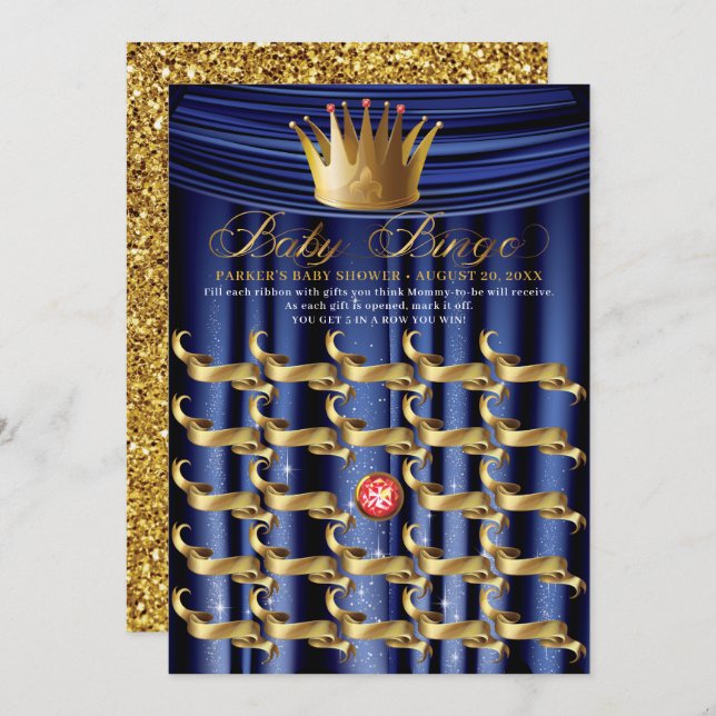 Royal Blue Gold Prince Baby Bingo Invitation (Front/Back)