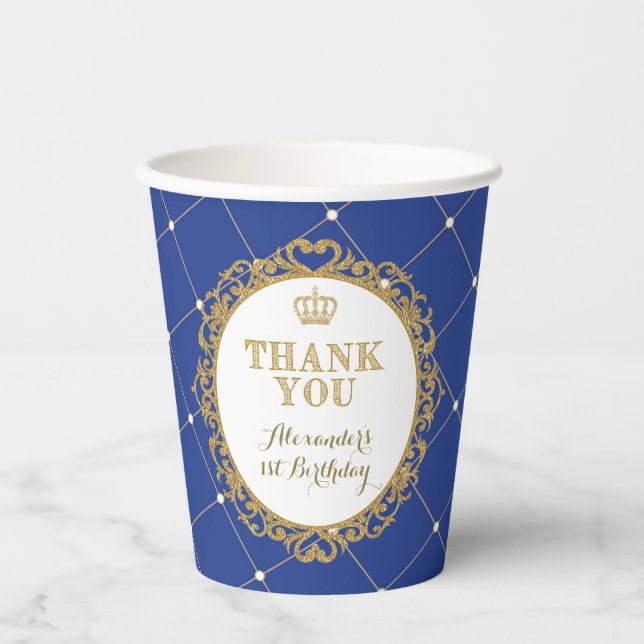 Royal Blue Gold Prince Baby Boy Birthday Party Paper Cups (Front)