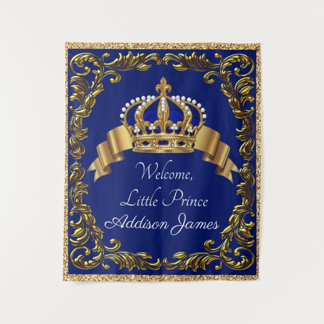 Royal Blue Gold Prince Baby Shower Backdrop Tapestry (Front)