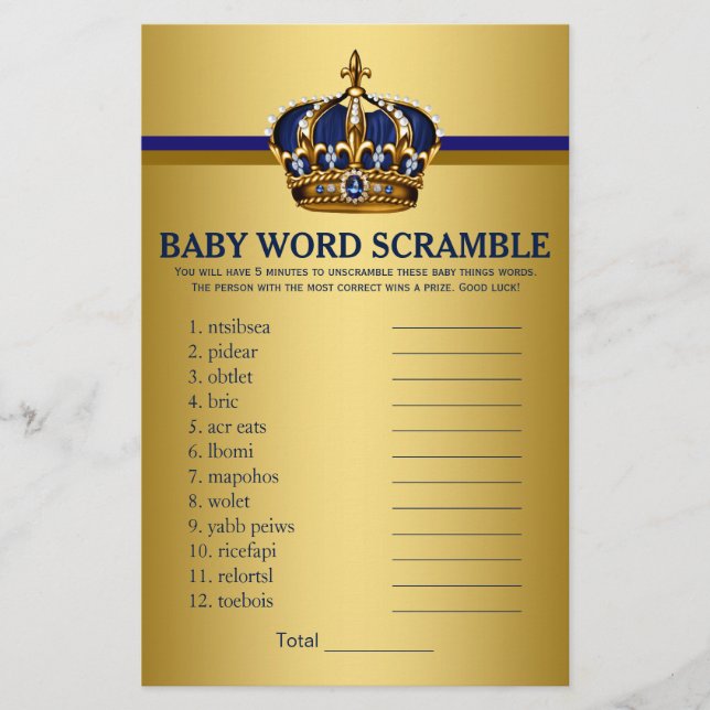 Royal Blue Gold Prince Baby Shower Games Flyer (Front)