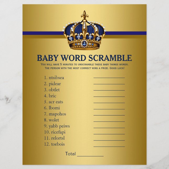 Royal Blue Gold Prince Baby Shower Games Flyer (Front)