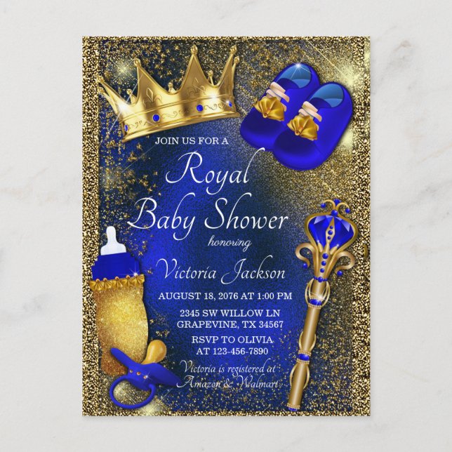 Royal Blue Gold Prince Baby Shower Invitation Postcard (Front)