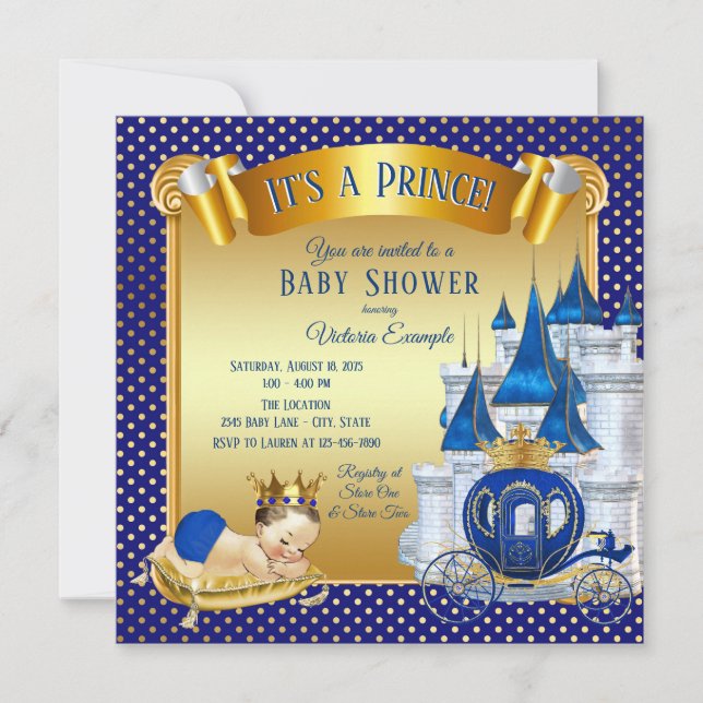 Royal Blue Gold Prince Baby Shower Invitations (Front)