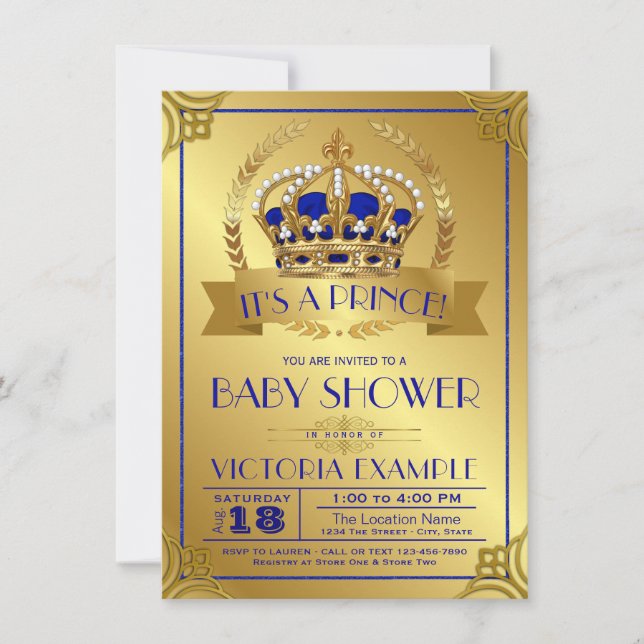 Royal Blue Gold Prince Baby Shower Invitations (Front)