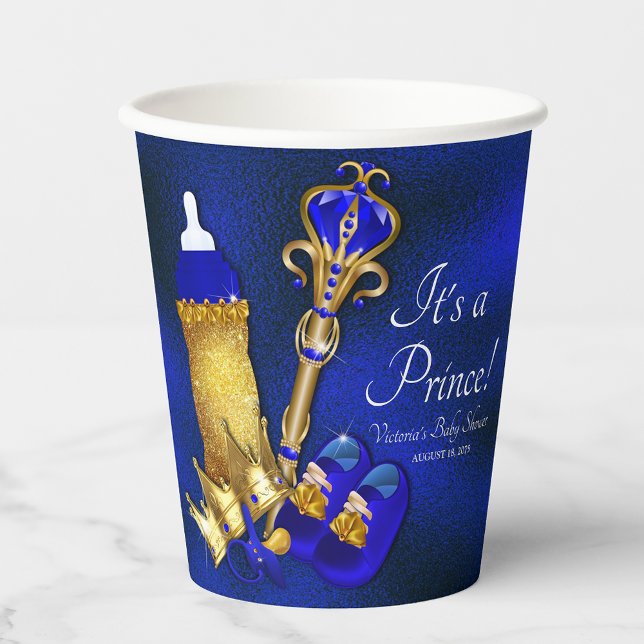 Royal Blue Gold Prince Baby Shower Paper Cups (All text can be changed.)
