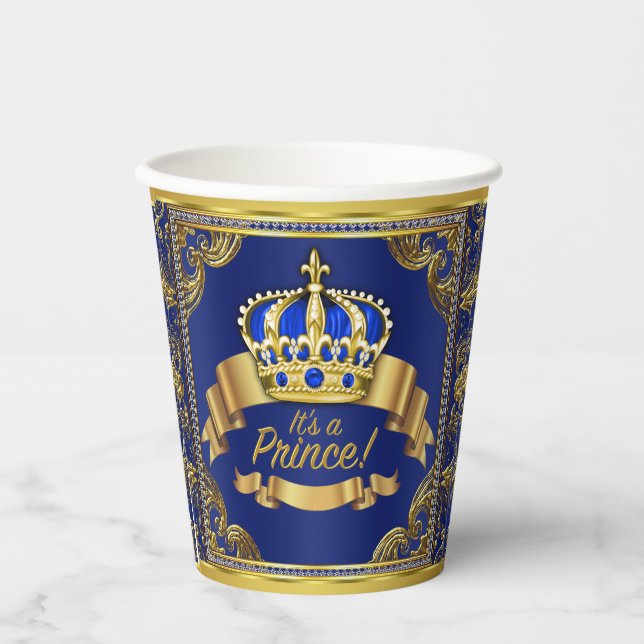 Royal Blue Gold Prince Baby Shower Paper Cups (Front)