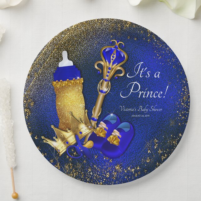 Royal Blue Gold Prince Baby Shower Paper Plate (You can change the text as needed for your event.)