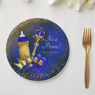 Royal Blue Gold Prince Baby Shower Paper Plate