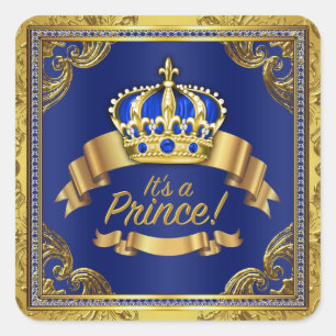 Royal Blue Gold Prince Baby Shower Square Sticker