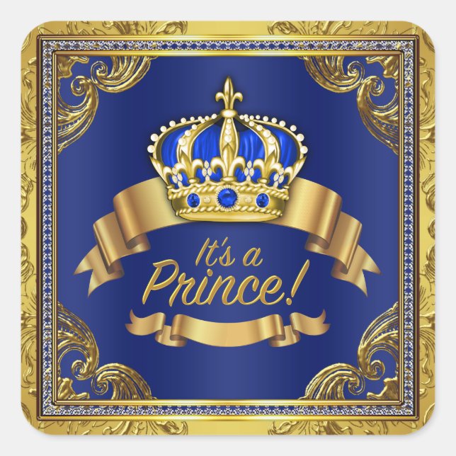 Royal Blue Gold Prince Baby Shower Square Sticker (Front)