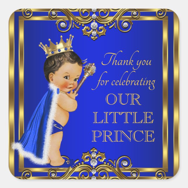Royal Blue Gold Prince Baby Shower Stickers (Front)