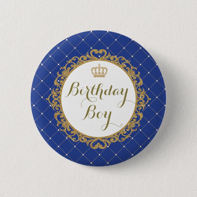 Royal Blue Gold Prince Birthday Boy Round Badge (Front)