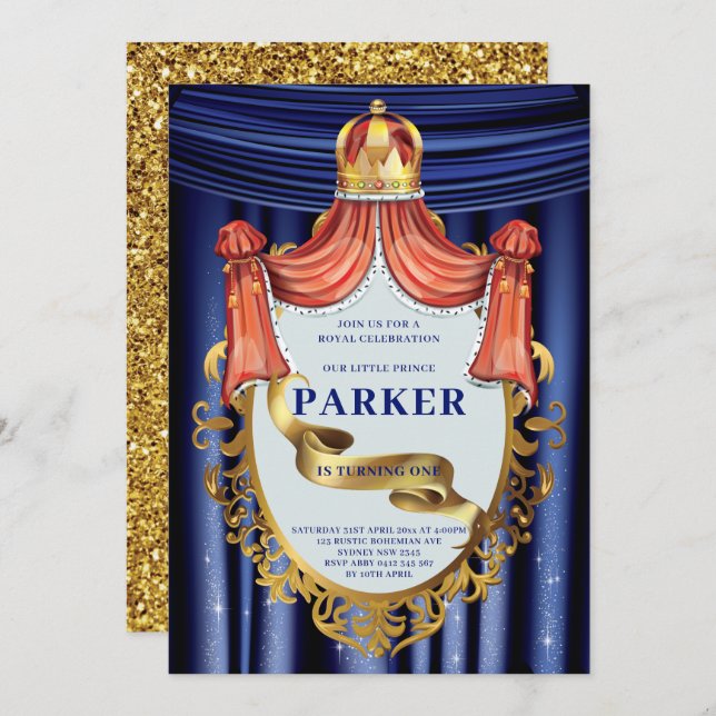 Royal Blue Gold Prince Birthday Invitation (Front/Back)