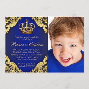 Royal Blue Gold Prince Birthday Party Invitations