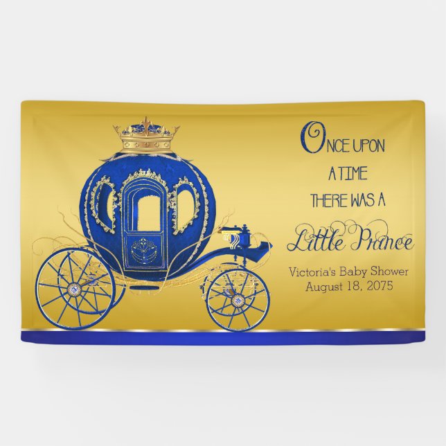 Royal Blue Gold Prince Carriage Baby Shower Banner (Horizontal)