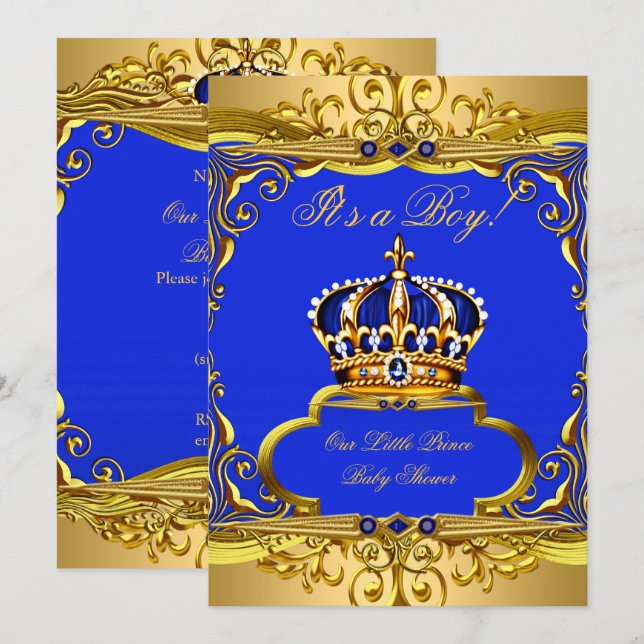 Royal Blue Gold Prince Crown Baby Shower Boy Invitation (Front/Back)