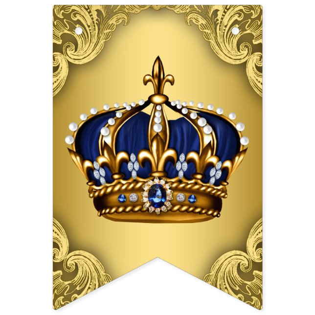 Royal Blue Gold Prince Crown Baby Shower Bunting (First Flag)