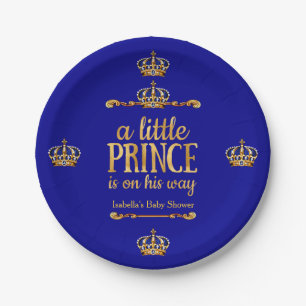 Royal Blue Gold Prince On His Way Baby Shower Paper Plate