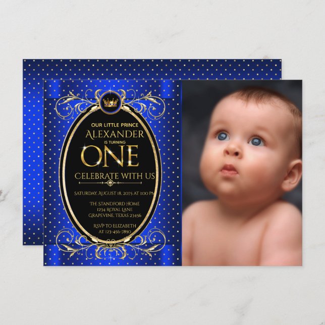 Royal Blue Gold Prince Photo First Birthday Party Invitation (Front/Back)