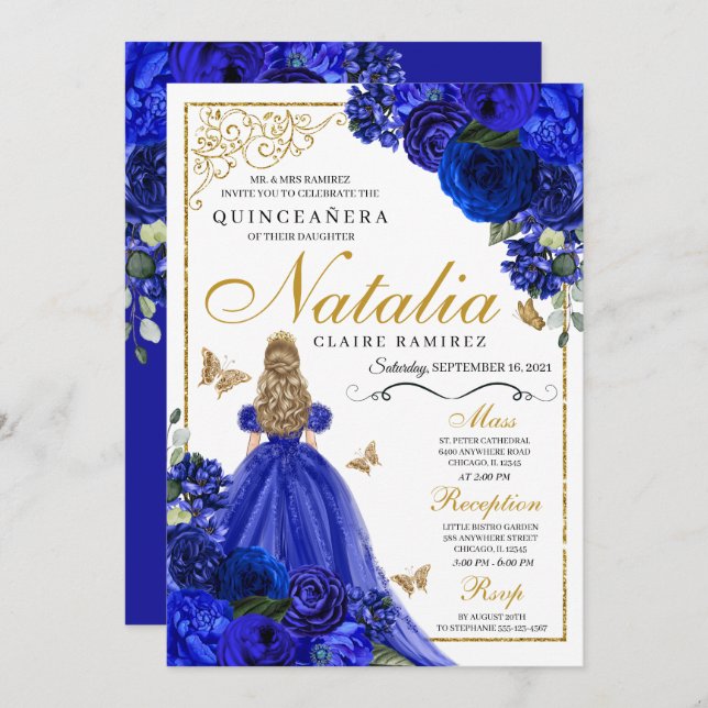 Royal Blue Gold Princess & Butterflies Quinceañera Invitation (Front/Back)