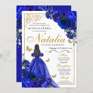 Royal Blue Gold Princess & Butterflies Quinceañera Invitation