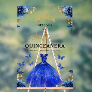 Royal Blue Gold Princess Quinceañera Welcome  Acrylic Sign