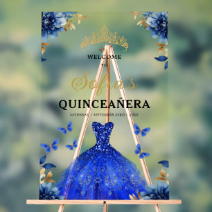 Royal Blue Gold Princess Quinceañera Welcome Acrylic Sign