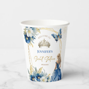 Royal Blue Gold Princess Tiara Floral Sweet 16 Paper Cups
