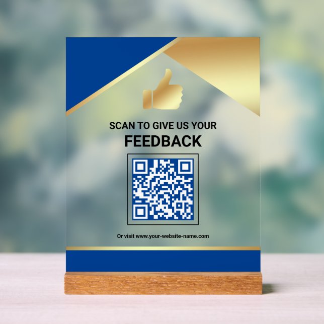 Royal Blue Gold QR Code Customer Feedback Review Acrylic Sign (Neutral)