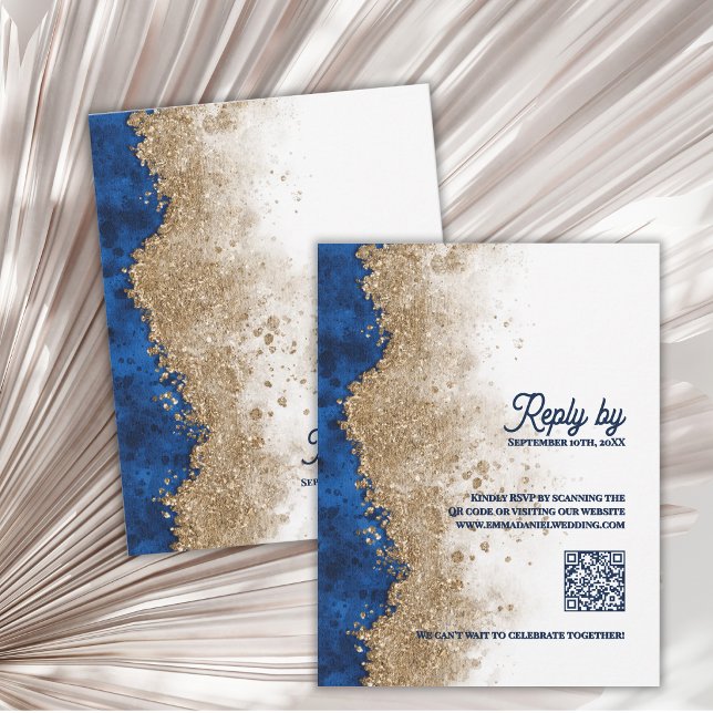 Royal Blue Gold QR Code Luxury Wedding Reply By RSVP Card (Royal Blue Gold QR Code RSVP Card Luxury Navy Blue Wedding RSVP with QR Code)