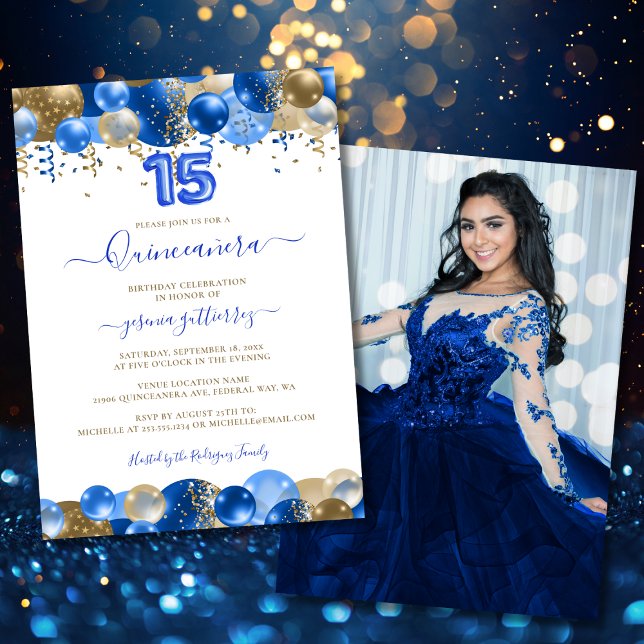 Royal Blue Gold Quinceañera Balloon Photo Invitation (Royal Blue Gold Quinceañera Balloon Photo Invitation)