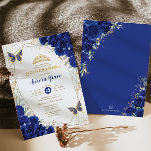 Royal Blue Gold Quinceañera Butterfly Geometric Invitation