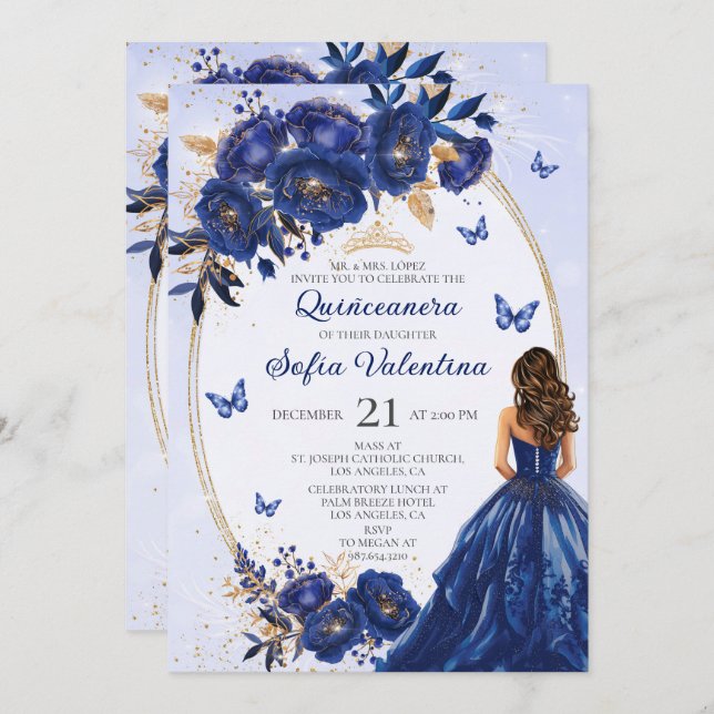 Royal Blue & Gold Quinceañera Invitation (Front/Back)