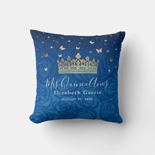 Royal Blue Gold Quinceanera Mis Quince Anos Cushion (Front)