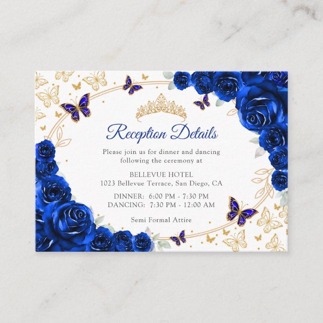 Royal Blue Gold Quinceanera Reception Details Enclosure Card (Front)