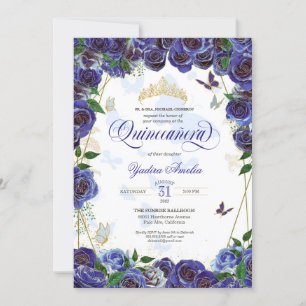 Royal Blue Gold Rose Elegant Butterfly Quinceanera Invitation