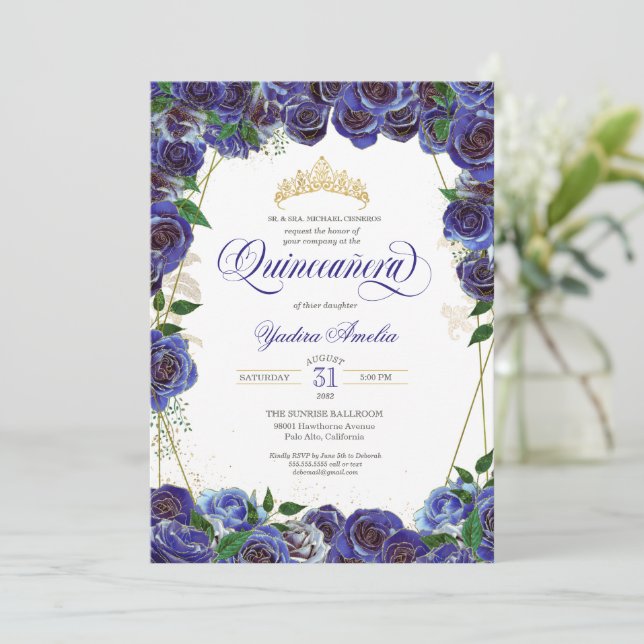 Royal Blue Gold Rose Elegant Quince Quinceanera Invitation (Standing Front)