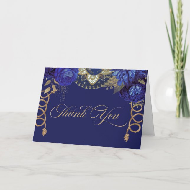 Royal Blue Gold Roses Elegant Charro Western Style Thank You Card (Front)