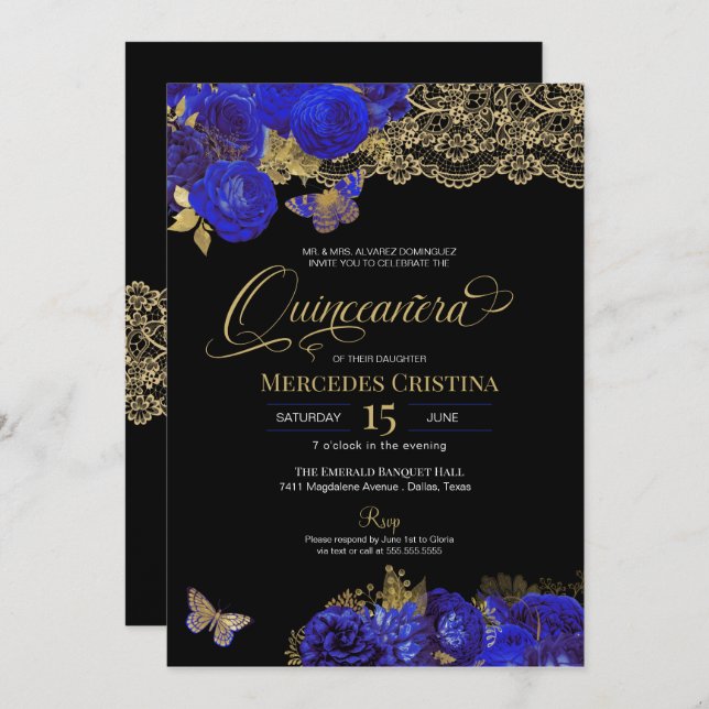 Royal Blue & Gold Roses Lace Butterfly Quinceañera Invitation (Front/Back)
