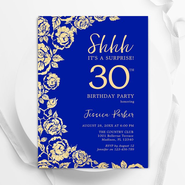 Royal Blue Gold Roses Surprise 30th Birthday Invitation (Creator Uploaded)