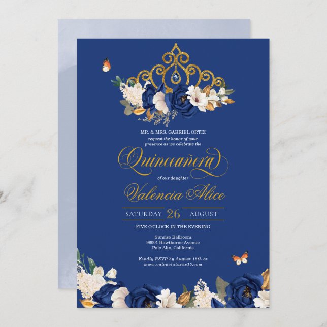 Royal Blue Gold Roses Tiara Butterfly Quinceañera Invitation (Front/Back)