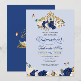 Royal Blue Gold Roses Tiara Butterfly Quinceañera Invitation
