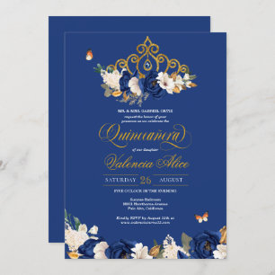 Royal Blue Gold Roses Tiara Butterfly Quinceañera Invitation