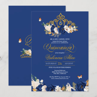 Royal Blue Gold Roses Tiara Butterfly Quinceañera Invitation