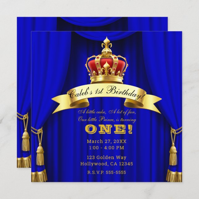 Royal Blue Gold Royal Crown 2 Prince 1st Birthday Invitation (Front/Back)